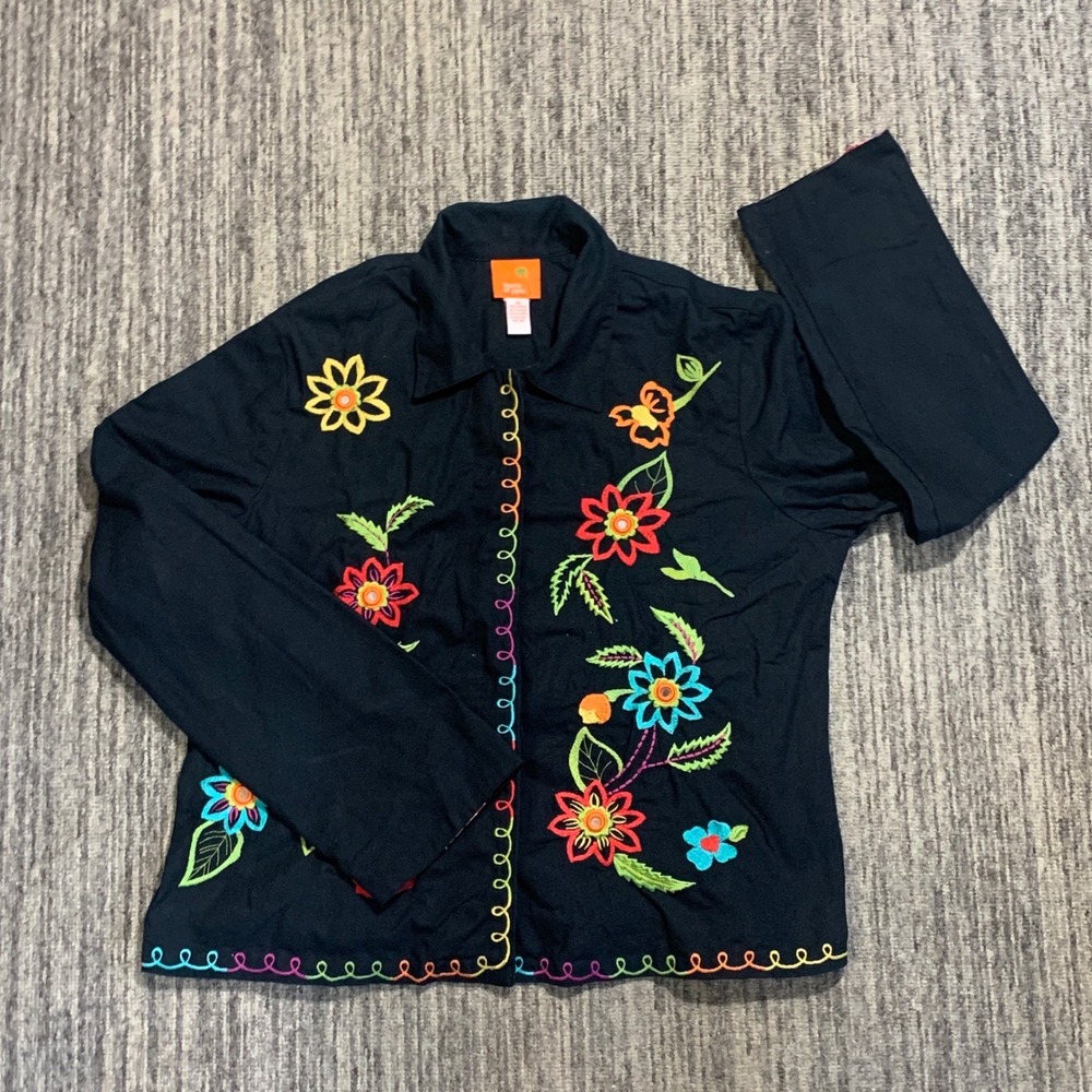 Hearts of Palm Embroidered Floral Button Up Shirt Colorful Cotton Top Size‎ 12